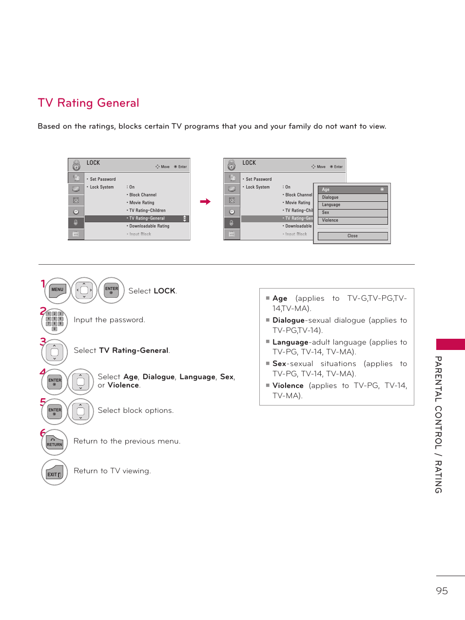 Tv rating general | LG 32LD320H User Manual | Page 95 / 267