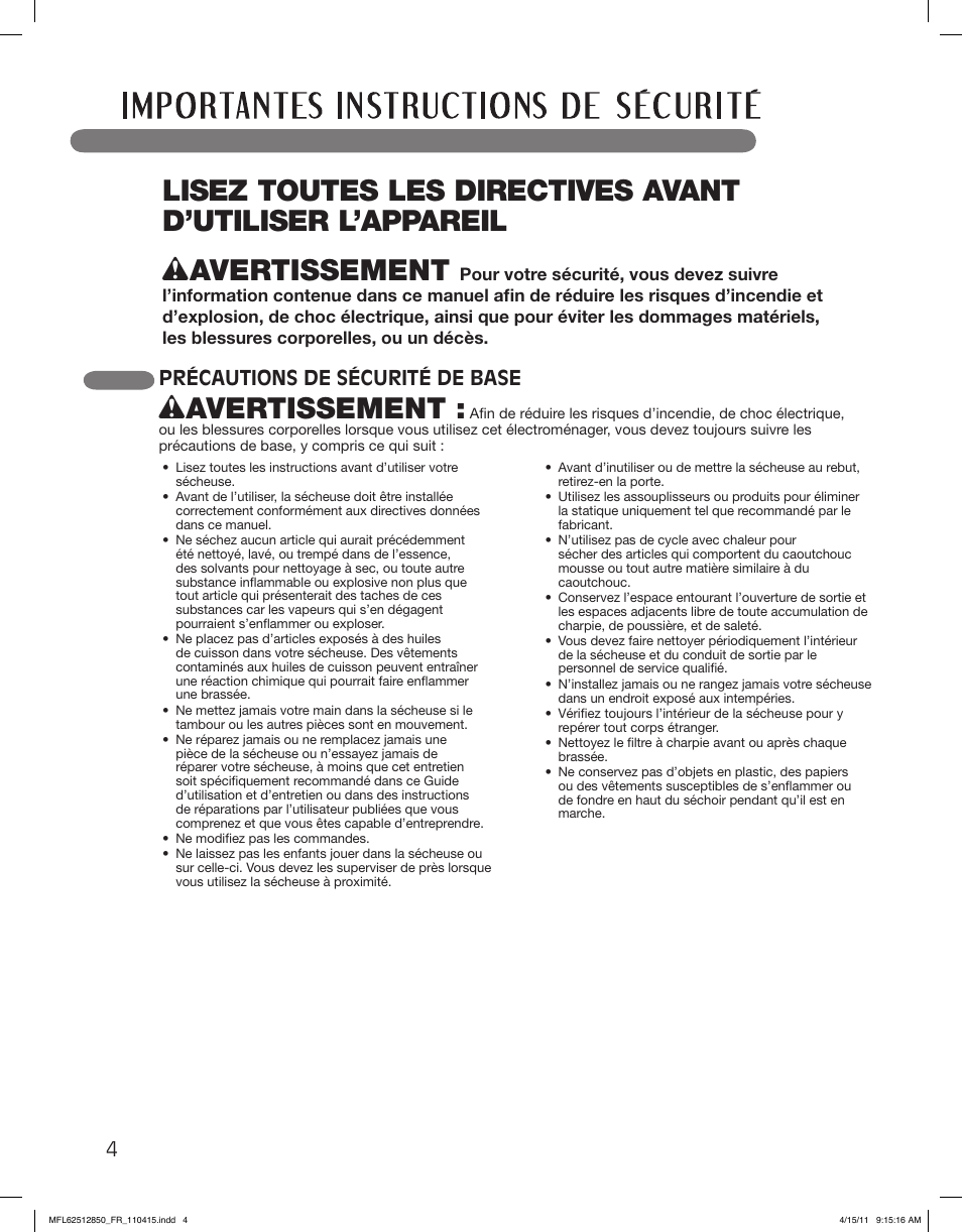 Wavertissement, Précautions de sécurité de base | LG DLEX2450R User Manual | Page 104 / 148