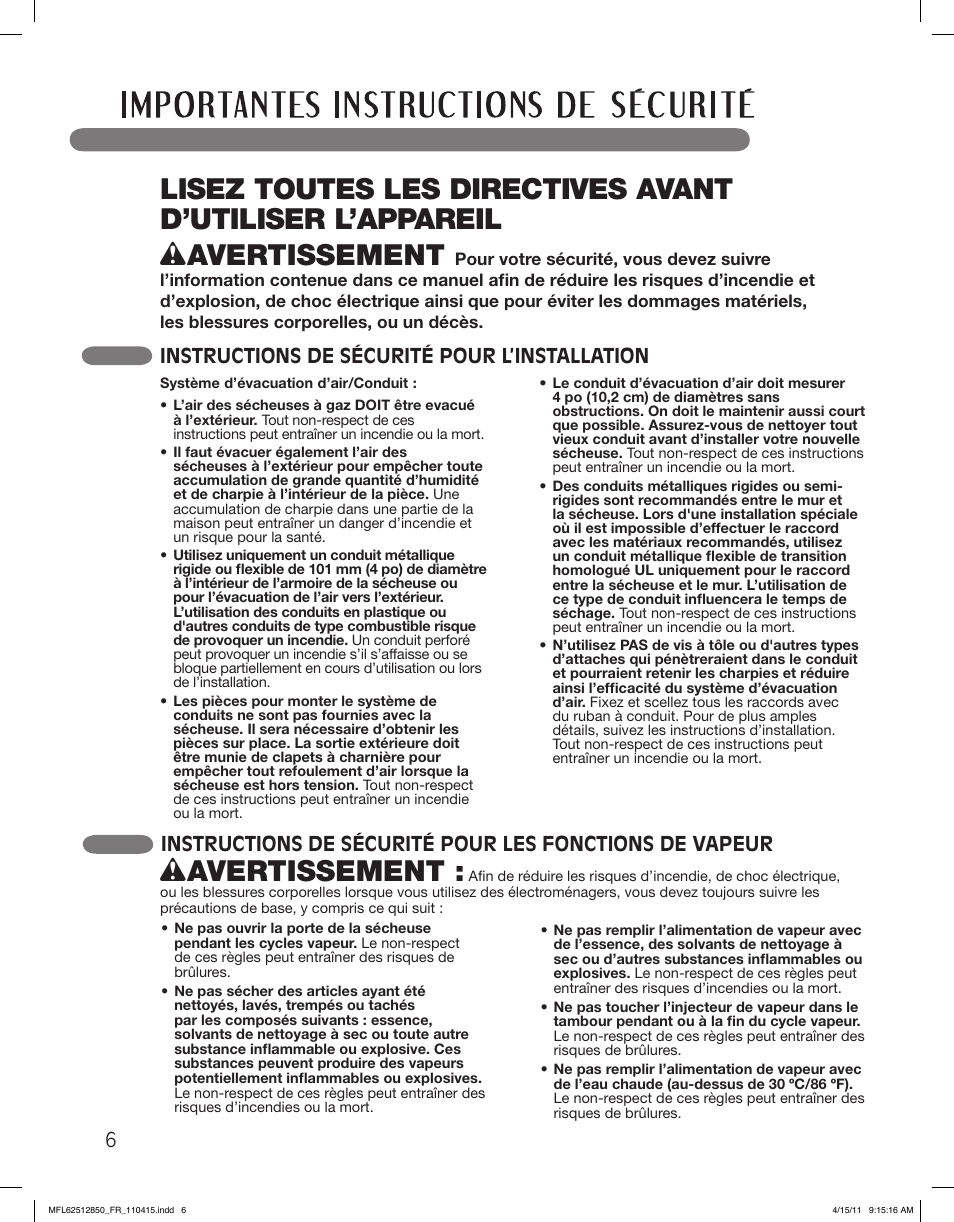 Wavertissement, Instructions de sécurité pour l’installation | LG DLEX2450R User Manual | Page 106 / 148