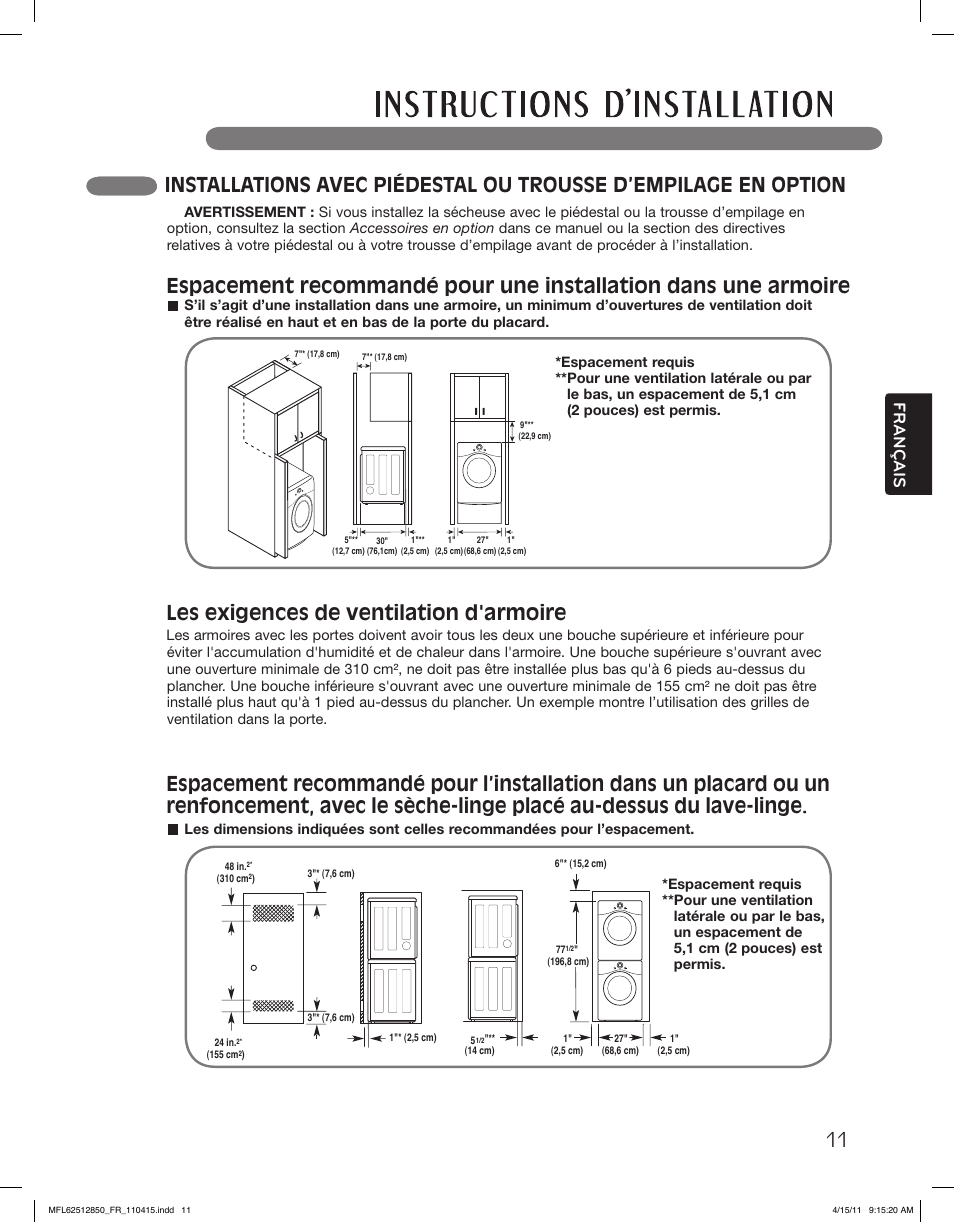 Les exigences de ventilation d'armoire, Français | LG DLEX2450R User Manual | Page 111 / 148