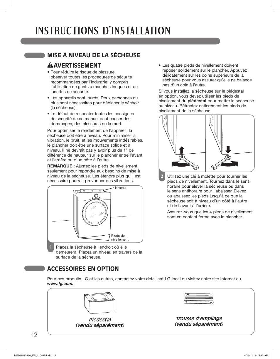 Mise à niveau de la sécheuse, Avertissement, Accessoires en option | LG DLEX2450R User Manual | Page 112 / 148