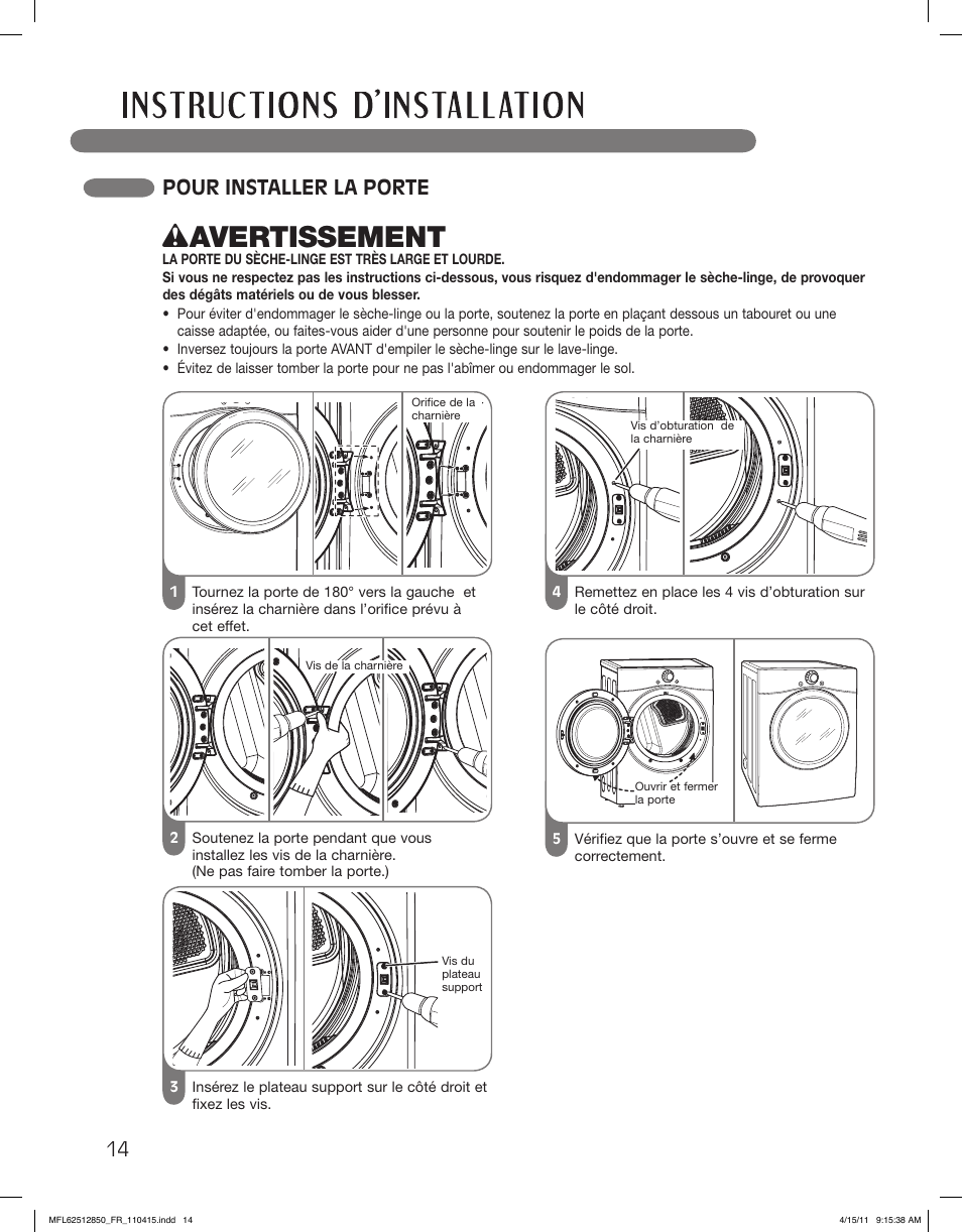 Wavertissement, Pour installer la porte | LG DLEX2450R User Manual | Page 114 / 148