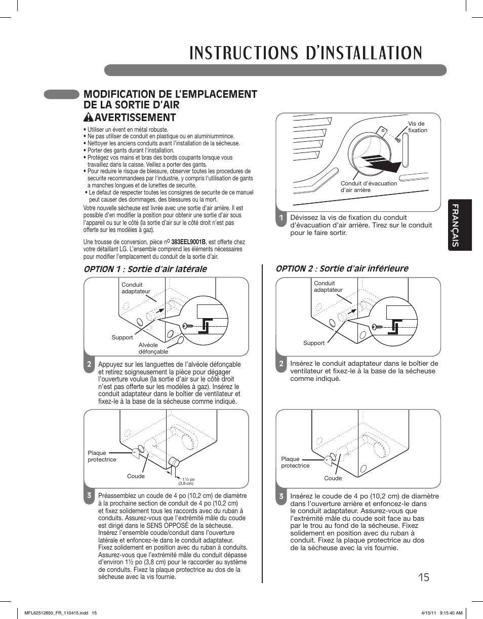 Modification de l’emplacement de la sortie d’air, Avertissement, Français | LG DLEX2450R User Manual | Page 115 / 148