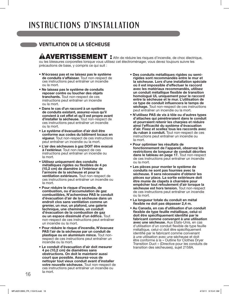 Wavertissement, Ventilation de la sécheuse | LG DLEX2450R User Manual | Page 116 / 148
