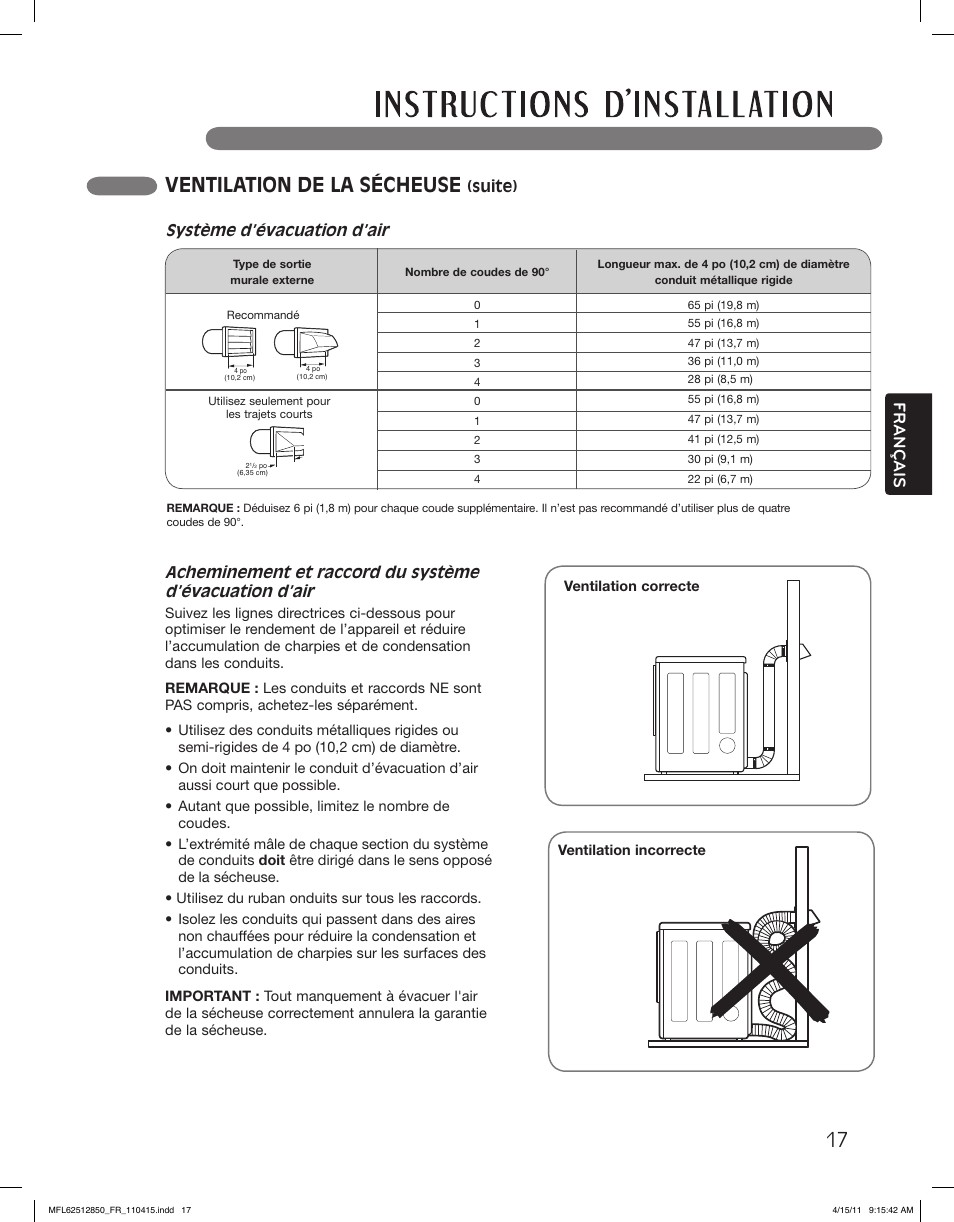 Ventilation de la sécheuse, Français, Système d’évacuation d’air | LG DLEX2450R User Manual | Page 117 / 148