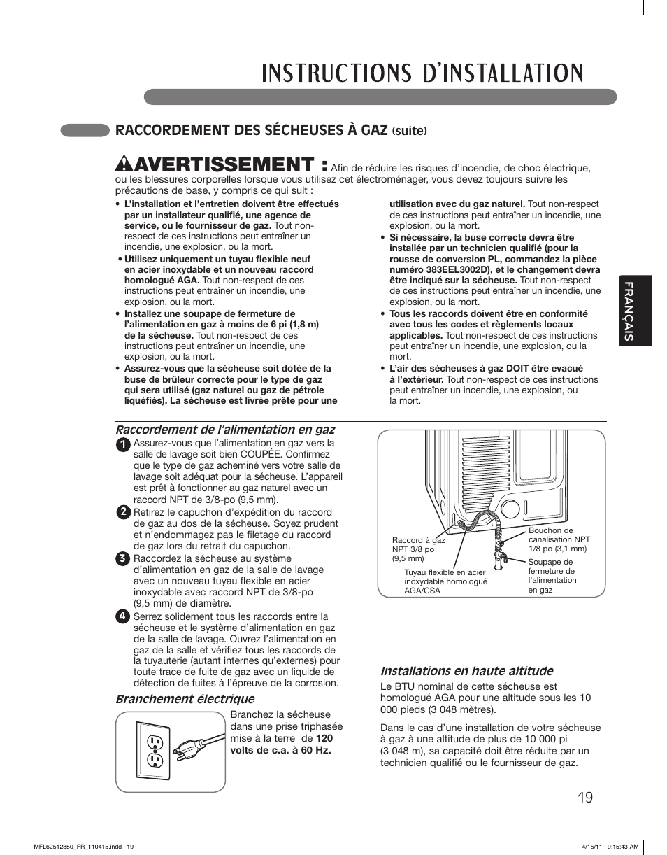 Wavertissement, Raccordement des sécheuses à gaz | LG DLEX2450R User Manual | Page 119 / 148