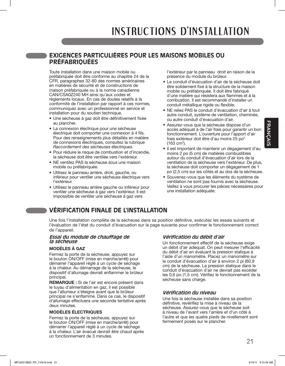 Vérification finale de l’installation | LG DLEX2450R User Manual | Page 121 / 148