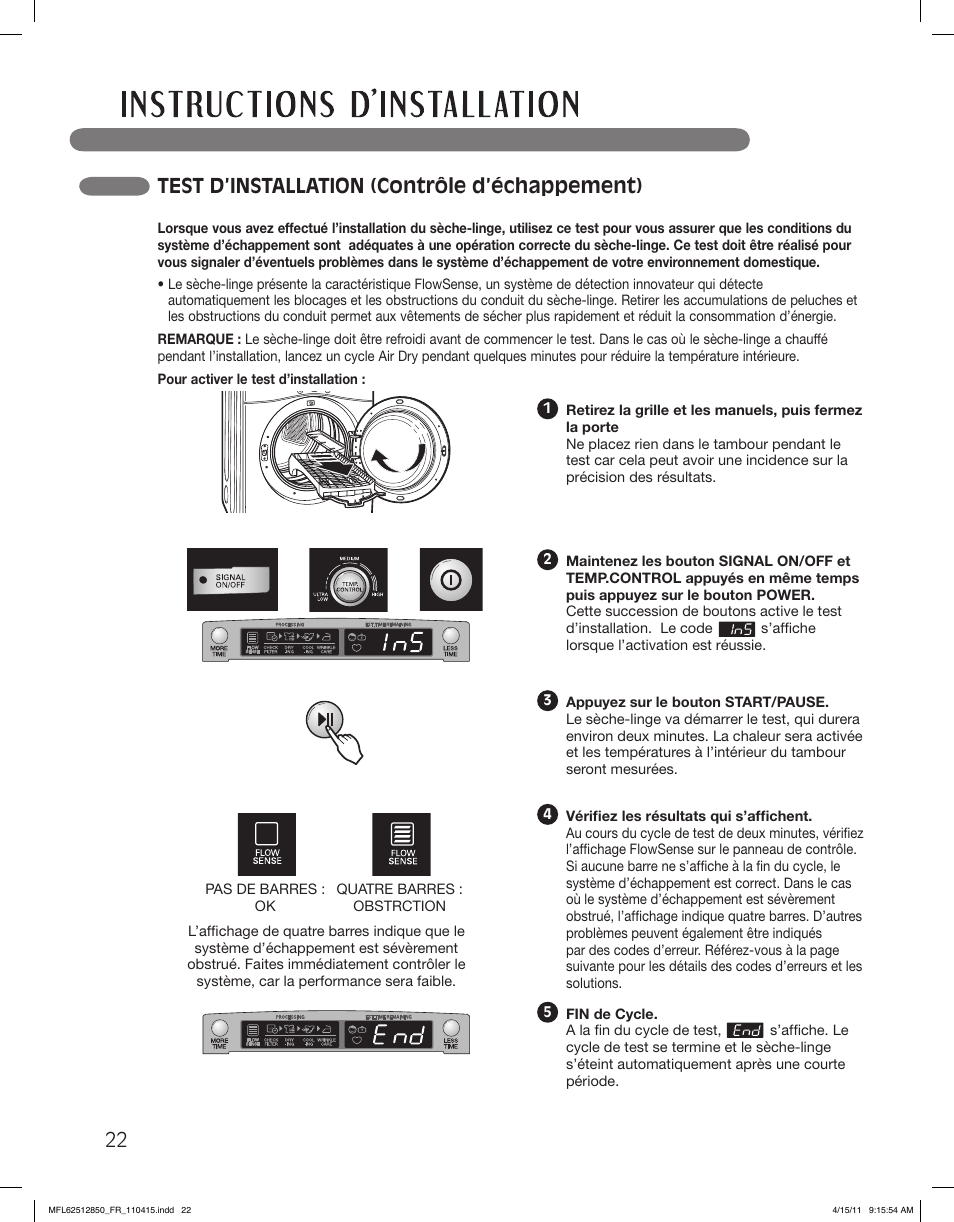 Test d’installation (contrôle d’échappement) | LG DLEX2450R User Manual | Page 122 / 148