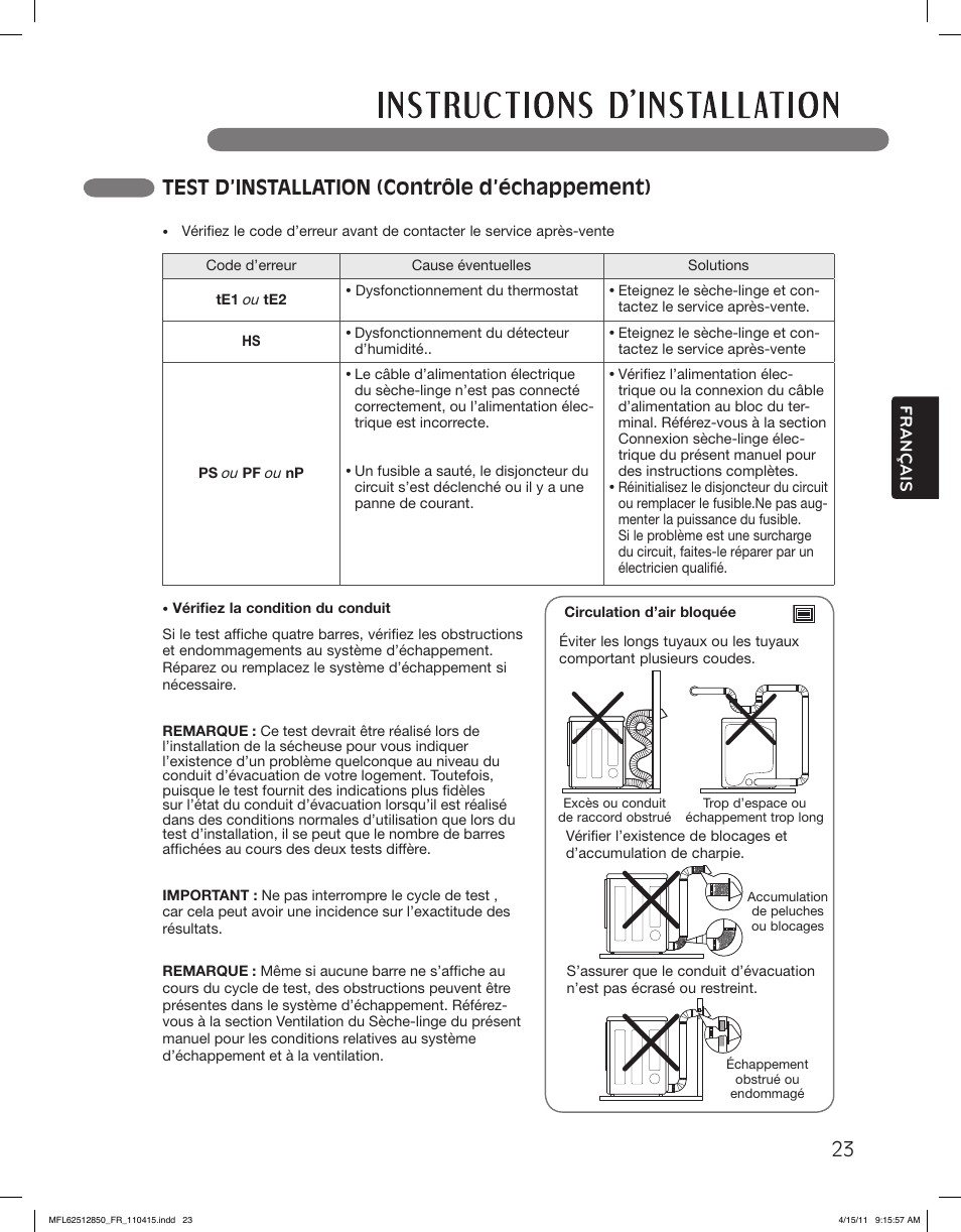Test d’installation (contrôle d’échappement) | LG DLEX2450R User Manual | Page 123 / 148