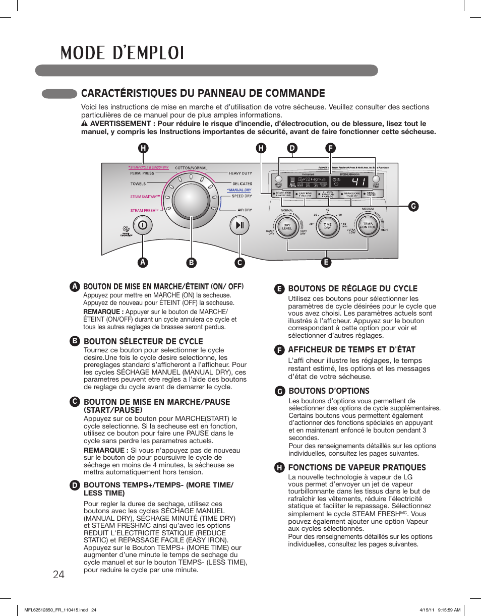 Caractéristiques du panneau de commande | LG DLEX2450R User Manual | Page 124 / 148