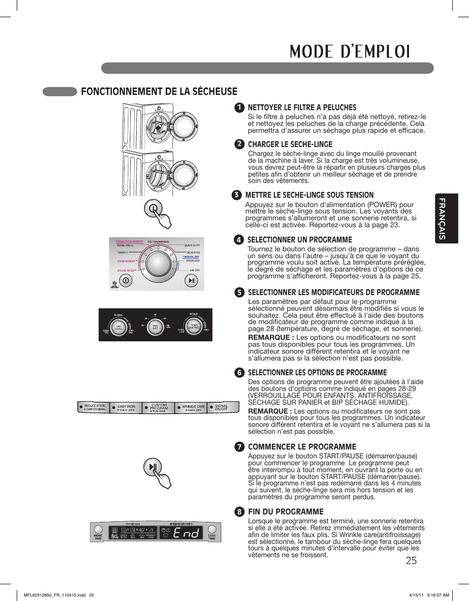Fonctionnement de la sécheuse | LG DLEX2450R User Manual | Page 125 / 148