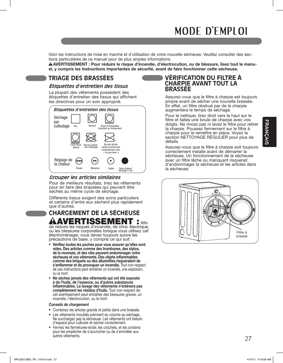 Wavertissement, Chargement de la sécheuse, Triage des brassées | Français | LG DLEX2450R User Manual | Page 127 / 148