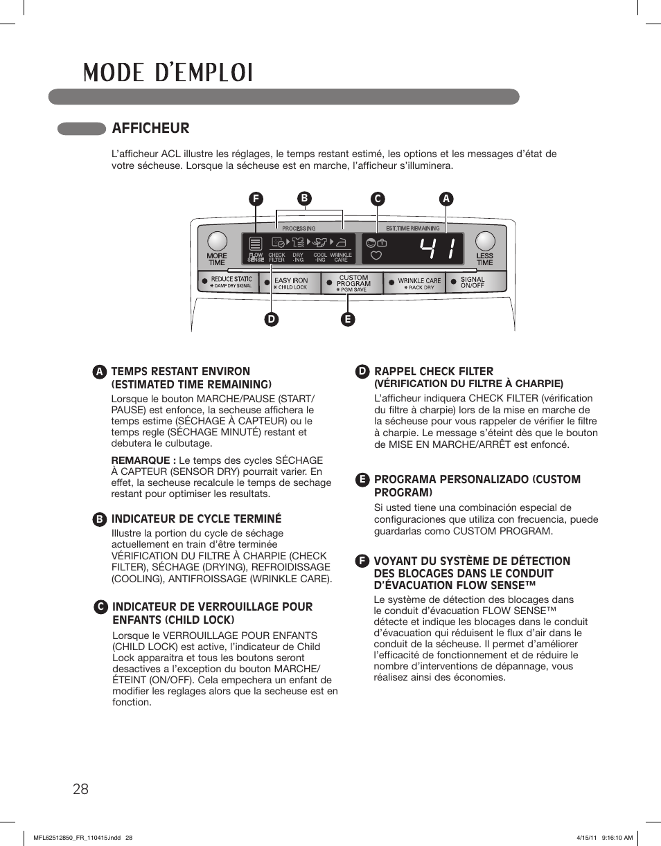 Afficheur | LG DLEX2450R User Manual | Page 128 / 148