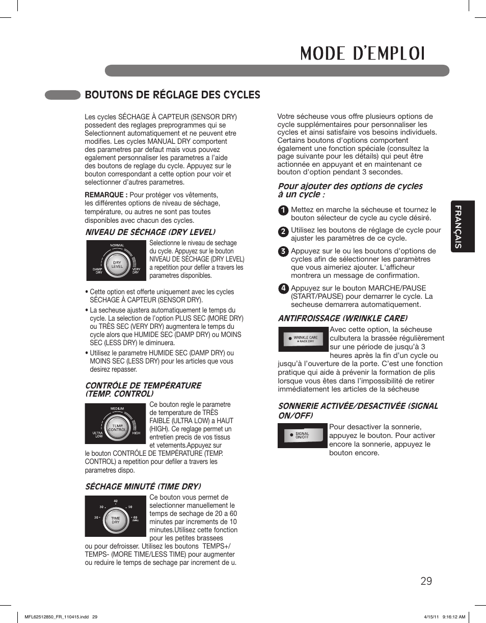 Boutons de réglage des cycles | LG DLEX2450R User Manual | Page 129 / 148