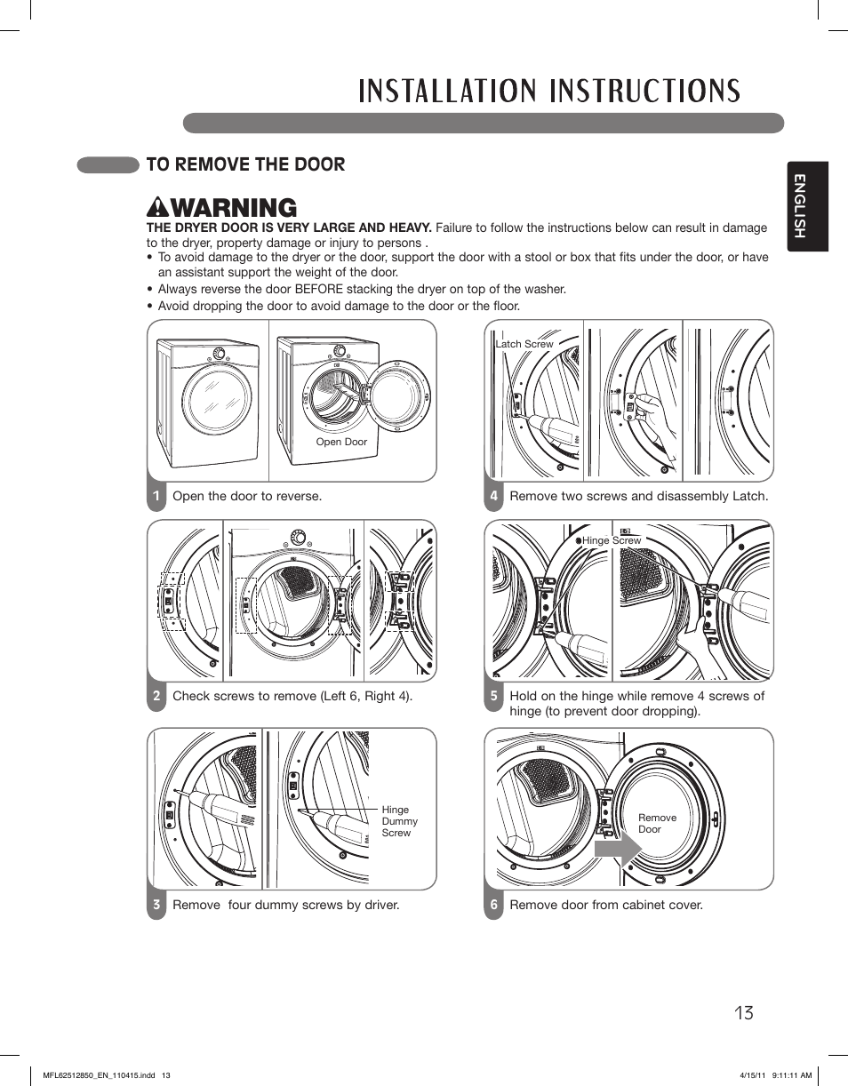 Wwarning | LG DLEX2450R User Manual | Page 13 / 148