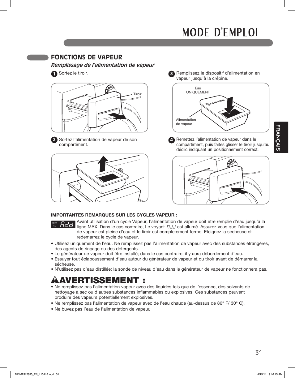 Wavertissement, Fonctions de vapeur | LG DLEX2450R User Manual | Page 131 / 148