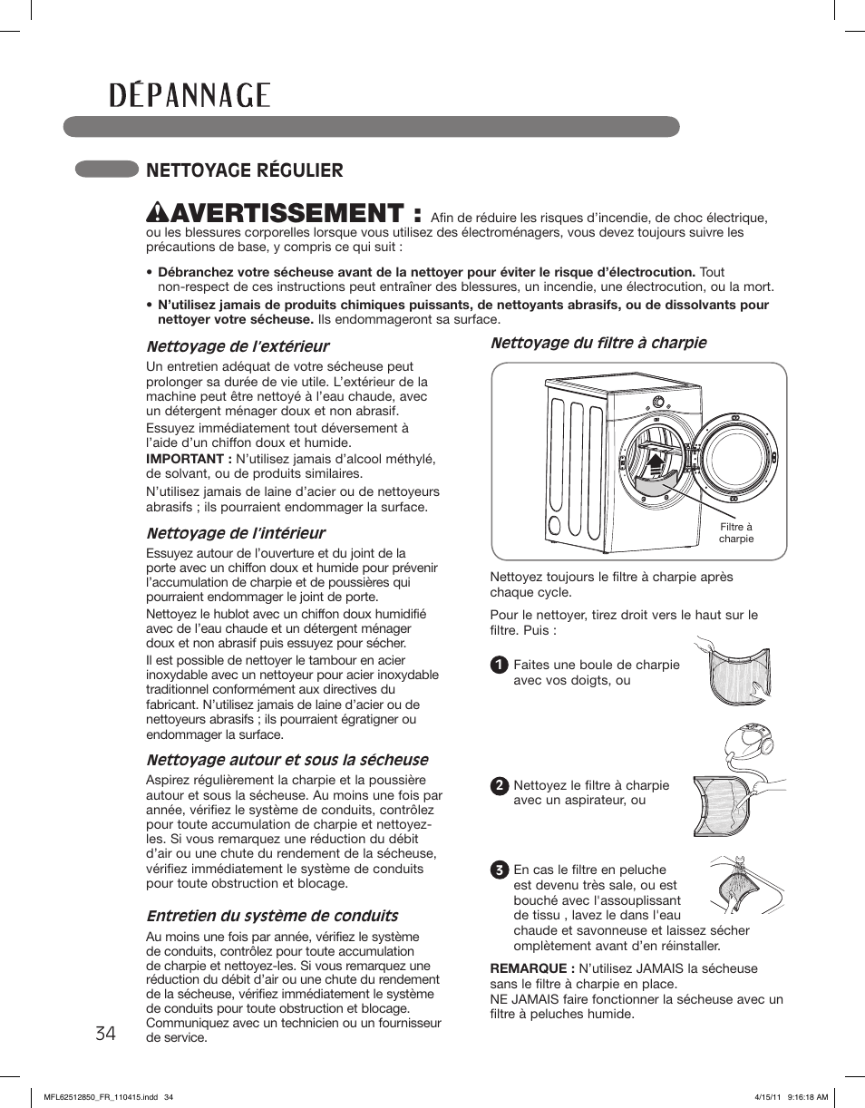 Wavertissement, Nettoyage régulier | LG DLEX2450R User Manual | Page 134 / 148