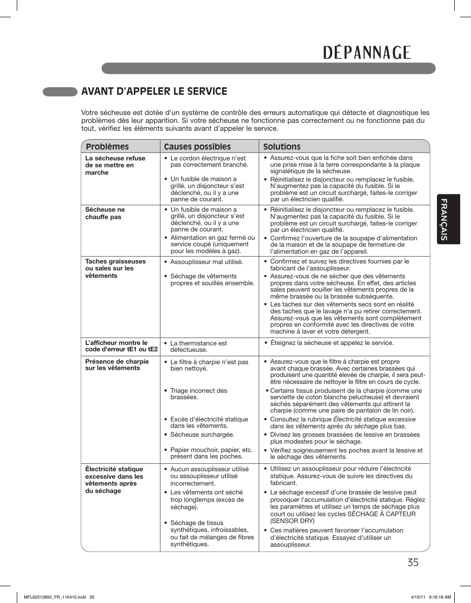 Avant d’appeler le service, Français | LG DLEX2450R User Manual | Page 135 / 148