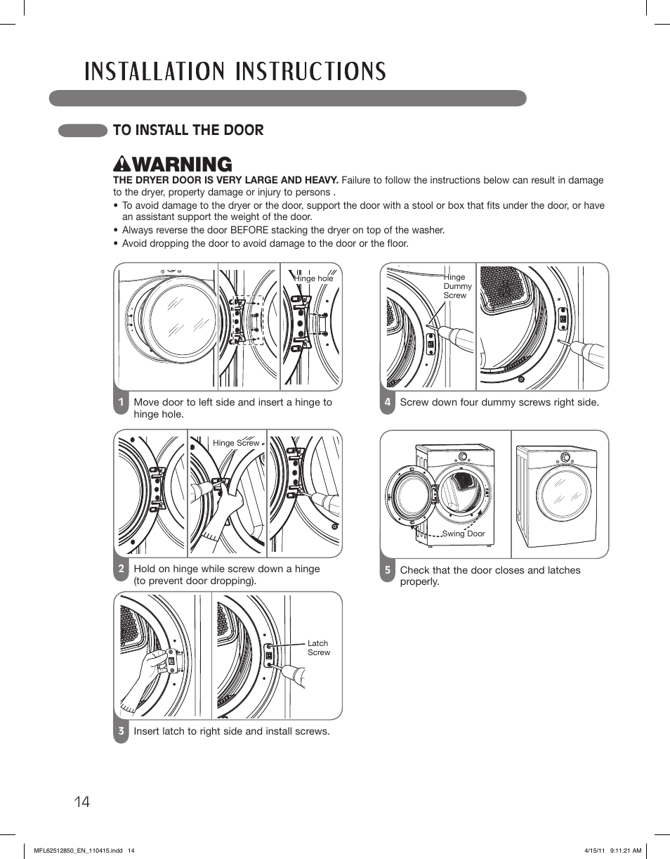 Wwarning | LG DLEX2450R User Manual | Page 14 / 148