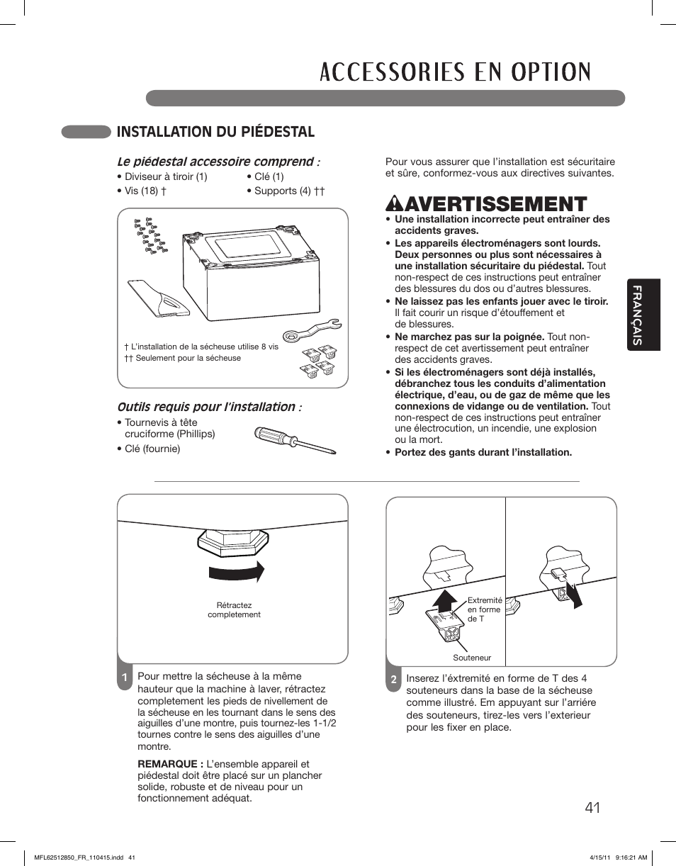 Wavertissement, Installation du piédestal | LG DLEX2450R User Manual | Page 141 / 148