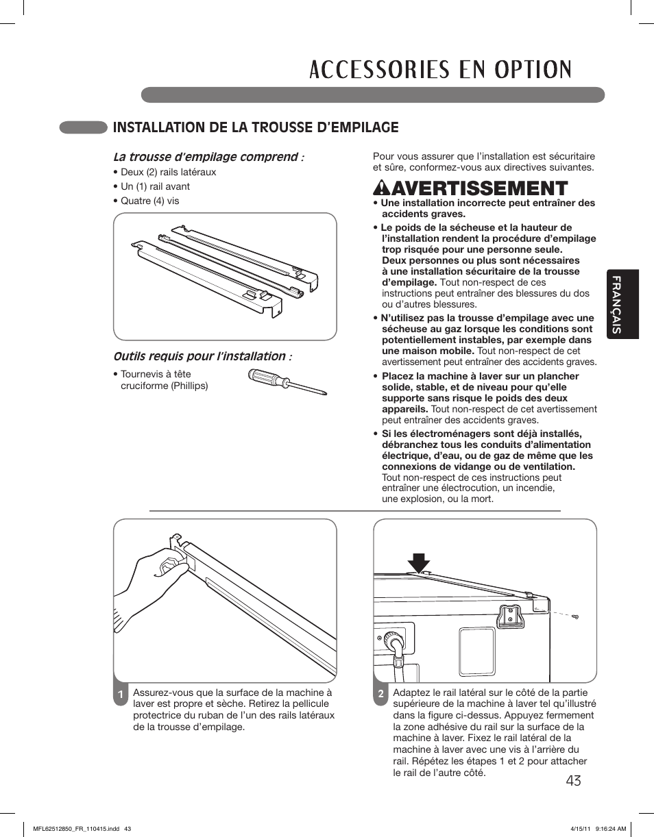 Wavertissement, Installation de la trousse d’empilage | LG DLEX2450R User Manual | Page 143 / 148