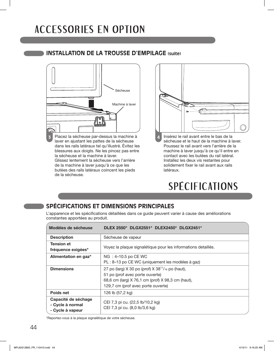 Spécifications et dimensions principales, 44 installation de la trousse d’empilage | LG DLEX2450R User Manual | Page 144 / 148