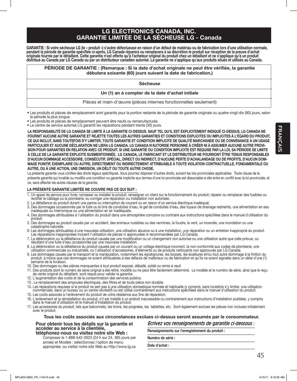Français | LG DLEX2450R User Manual | Page 145 / 148