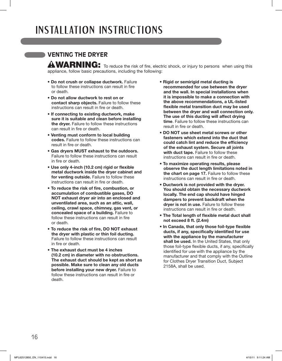 Wwarning, Venting the dryer | LG DLEX2450R User Manual | Page 16 / 148