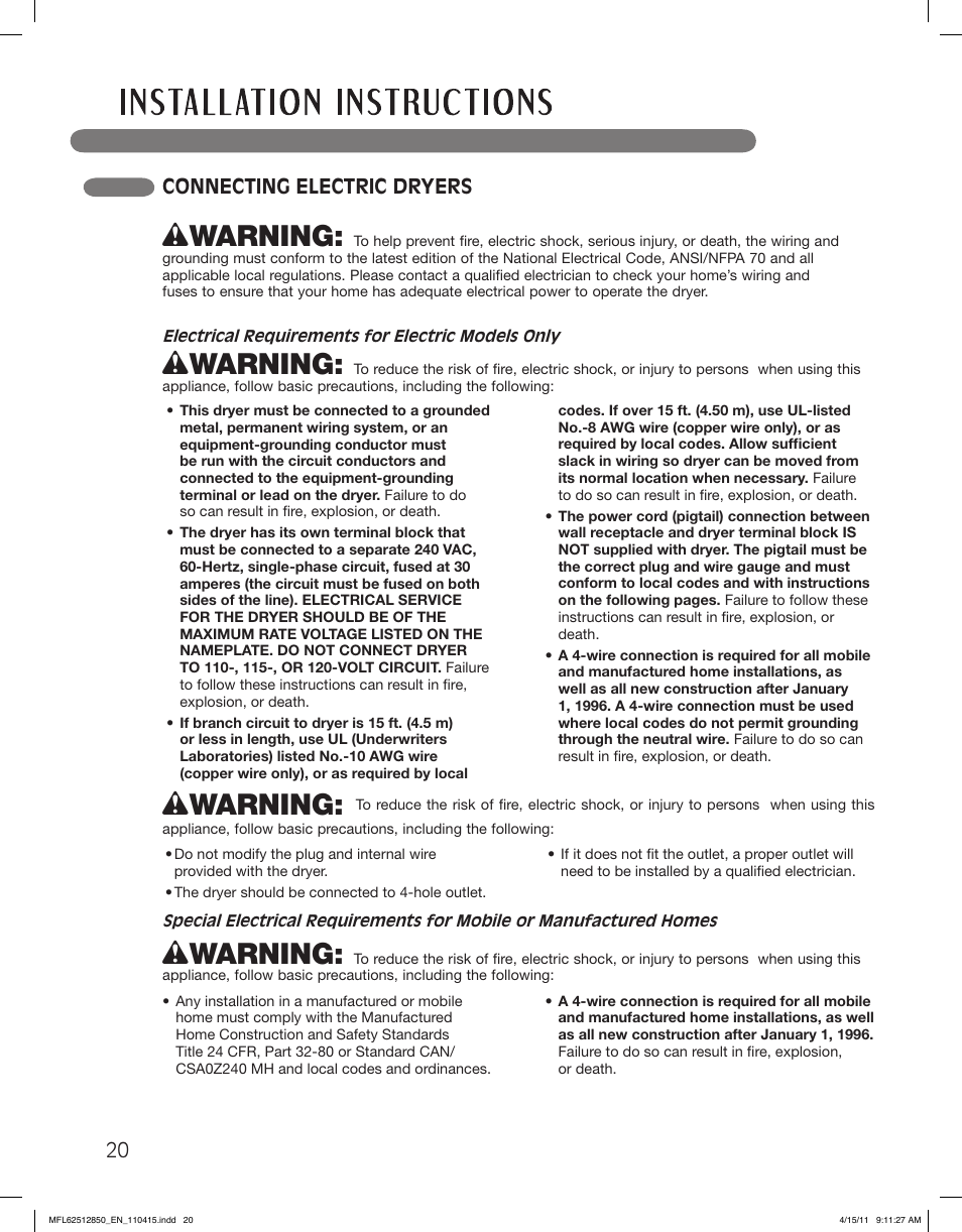 Wwarning, Connecting electric dryers | LG DLEX2450R User Manual | Page 20 / 148