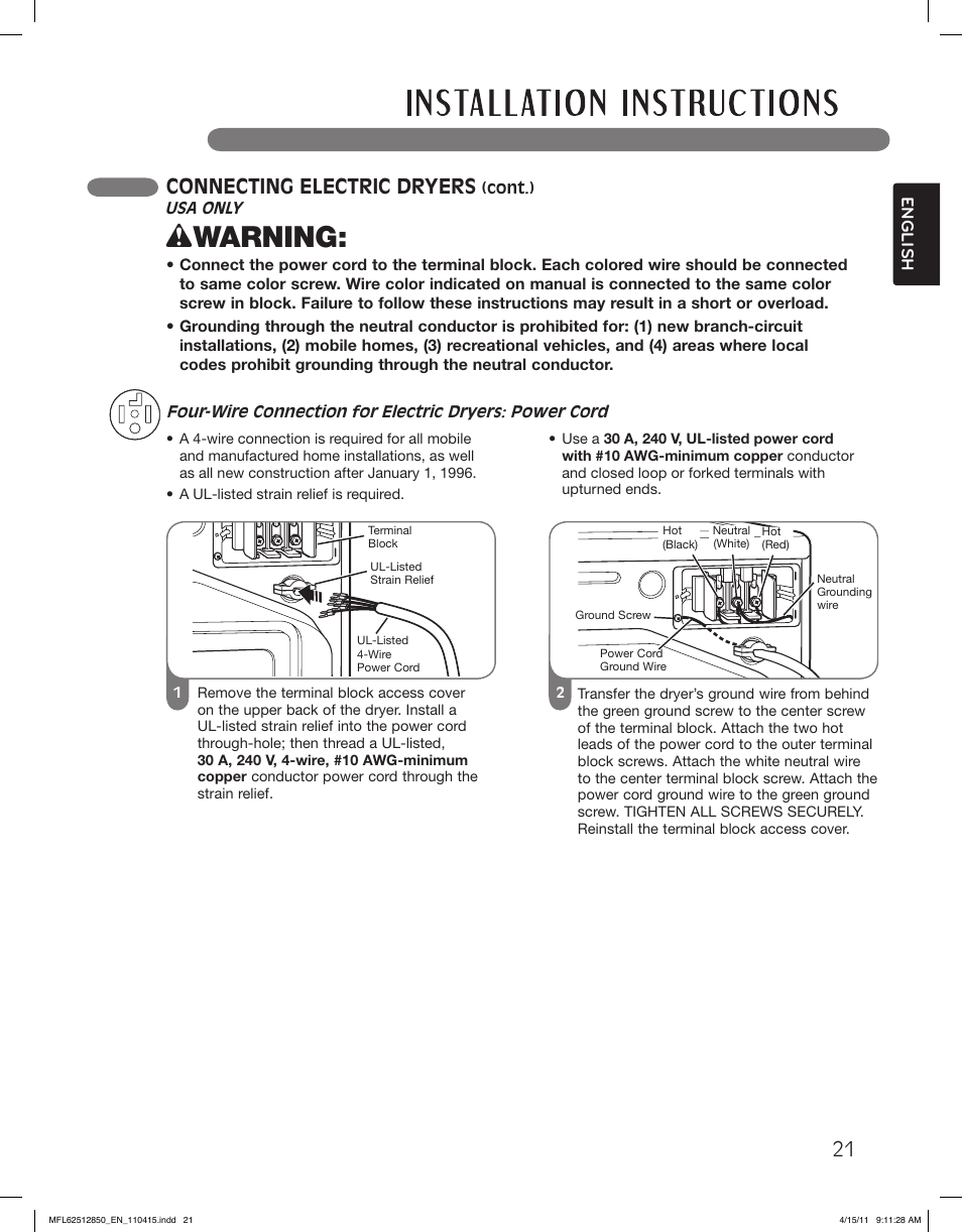 Wwarning, Connecting electric dryers | LG DLEX2450R User Manual | Page 21 / 148