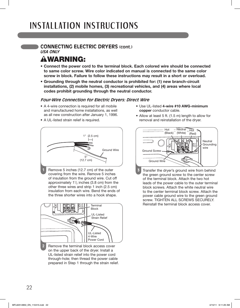 Wwarning, Connecting electric dryers | LG DLEX2450R User Manual | Page 22 / 148