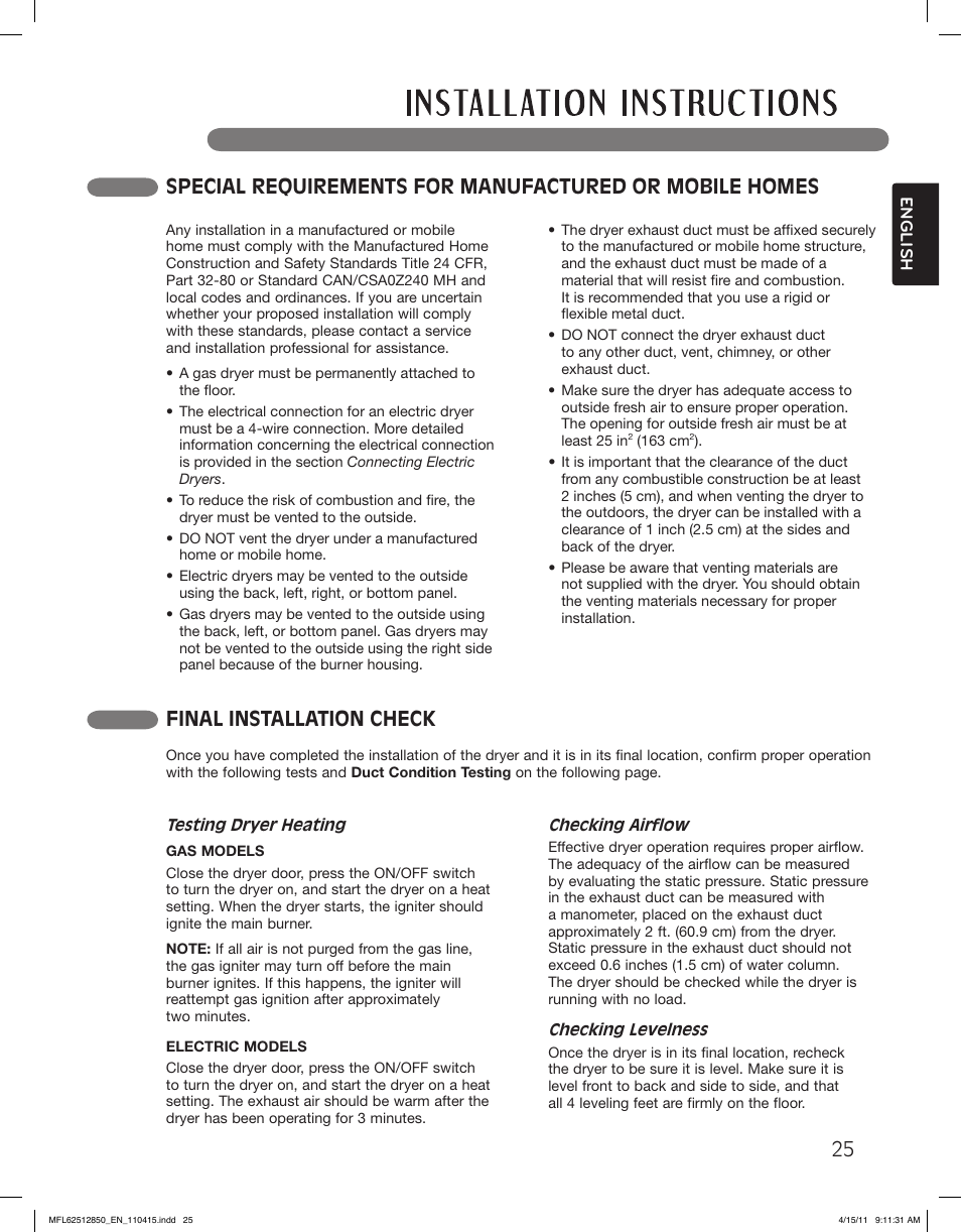 Final installation check | LG DLEX2450R User Manual | Page 25 / 148