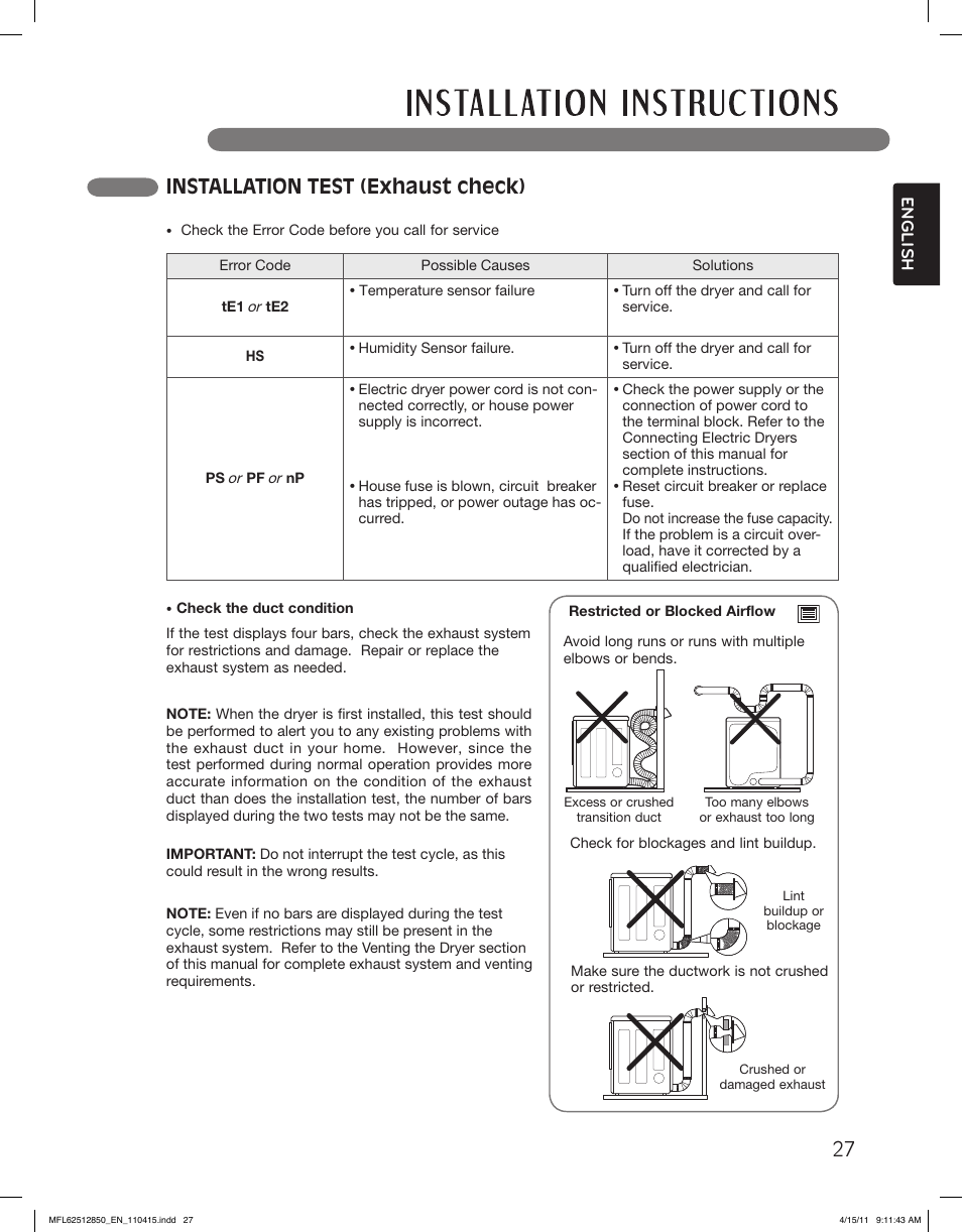Installation test (exhaust check) | LG DLEX2450R User Manual | Page 27 / 148