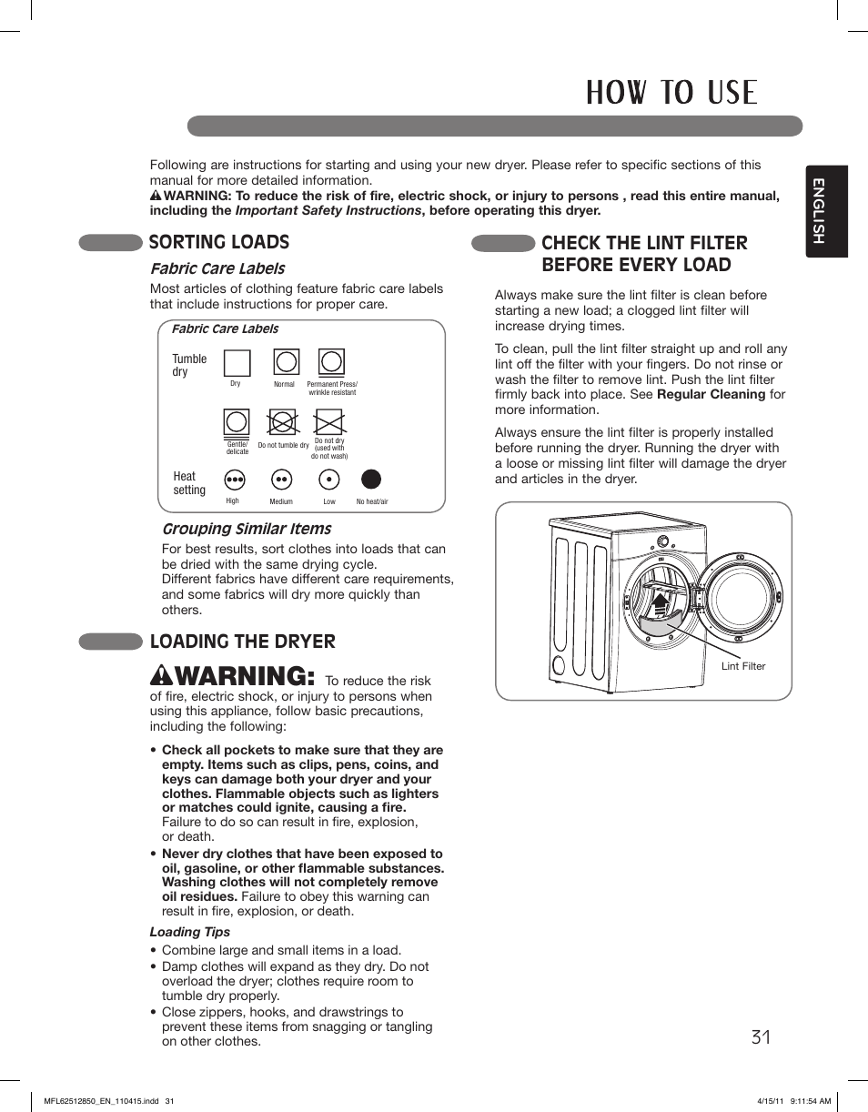Wwarning, Sorting loads, Check the lint filter before every load | Loading the dryer | LG DLEX2450R User Manual | Page 31 / 148