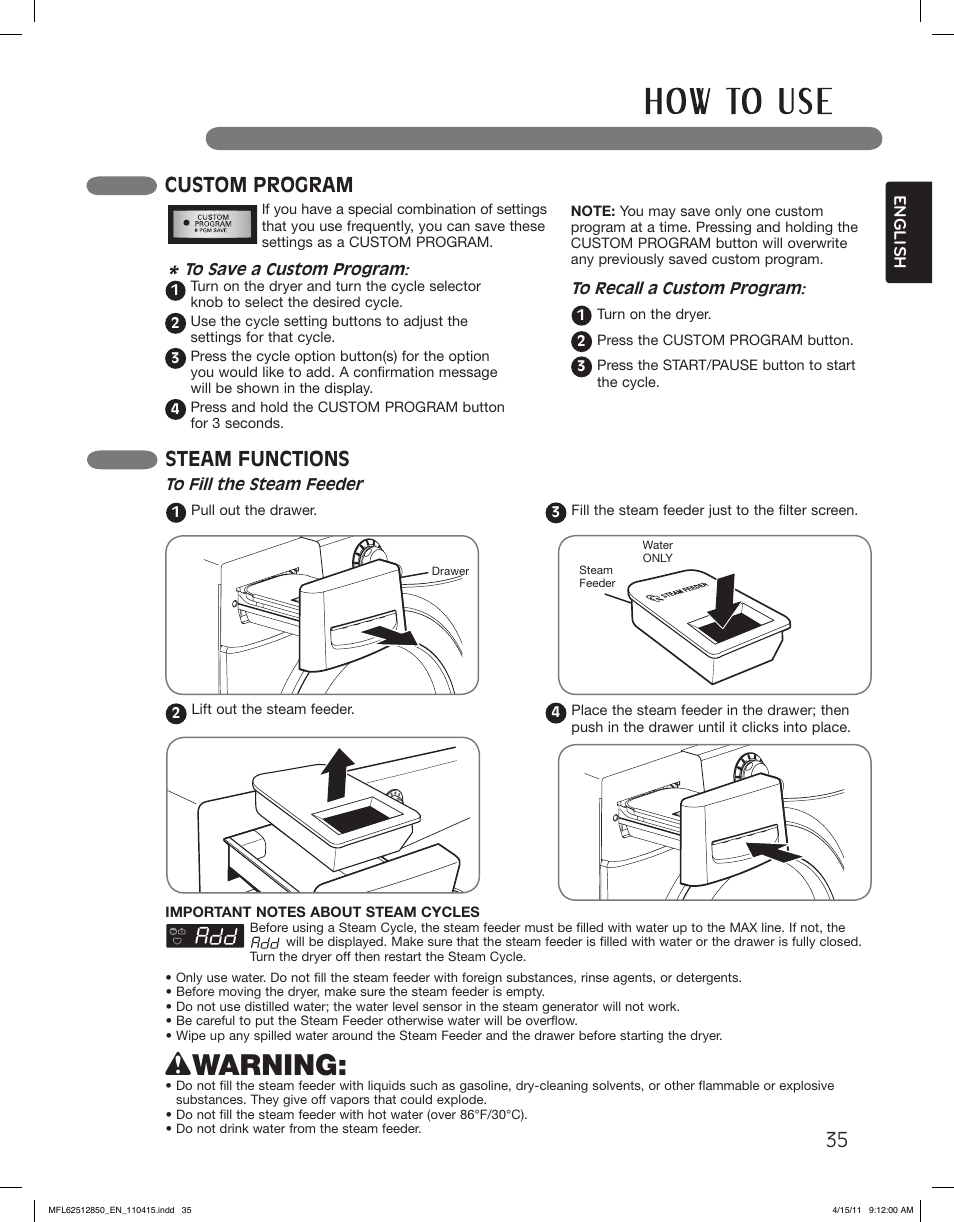 Wwarning, Custom program, Steam functions | LG DLEX2450R User Manual | Page 35 / 148