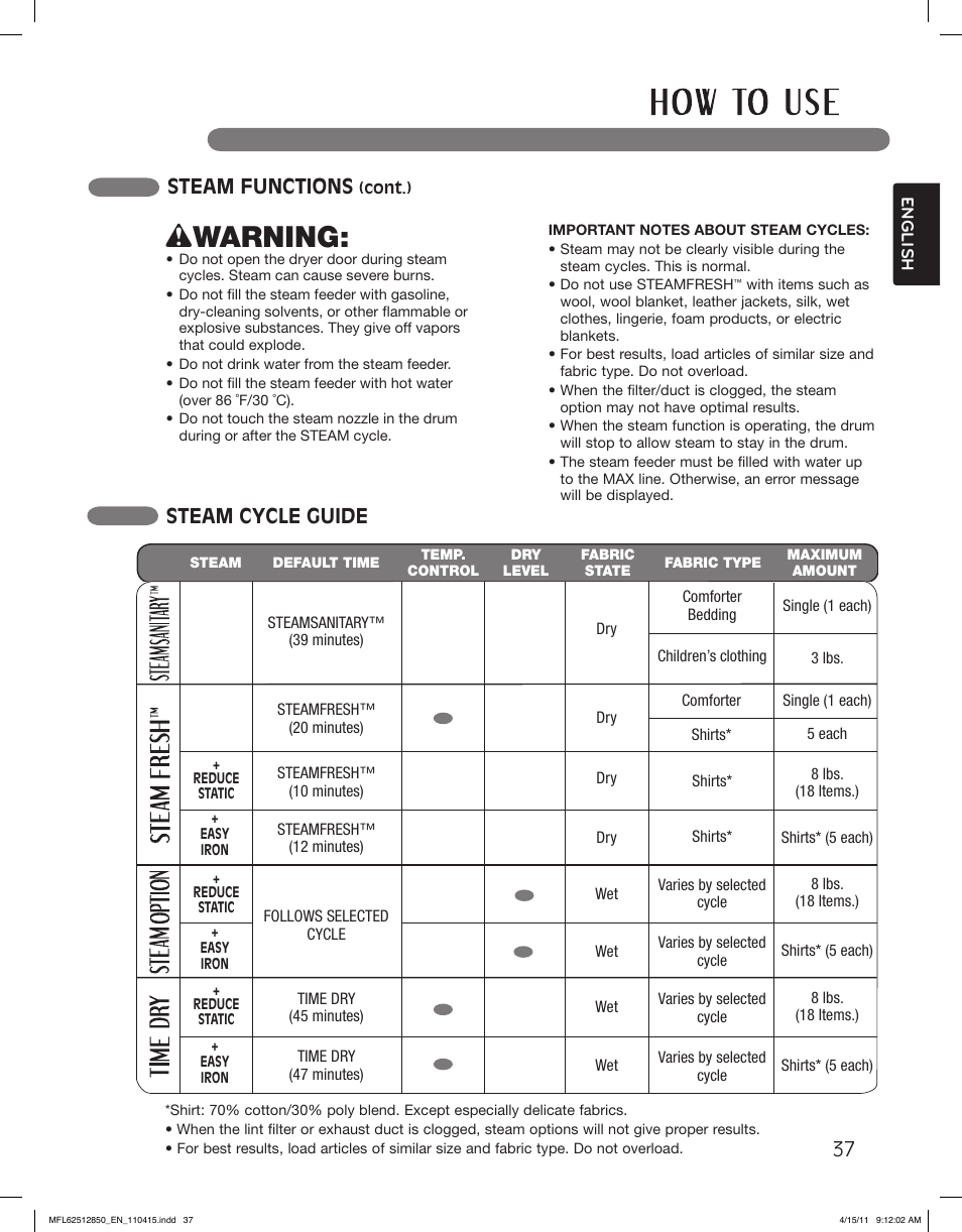 Wwarning, Steam cycle guide, Steam functions | LG DLEX2450R User Manual | Page 37 / 148