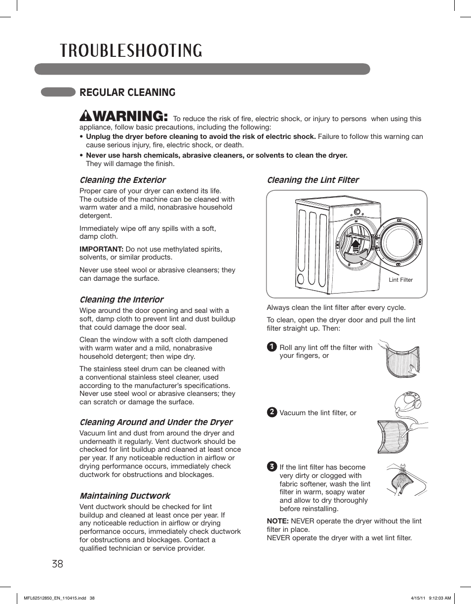 Wwarning, Regular cleaning | LG DLEX2450R User Manual | Page 38 / 148