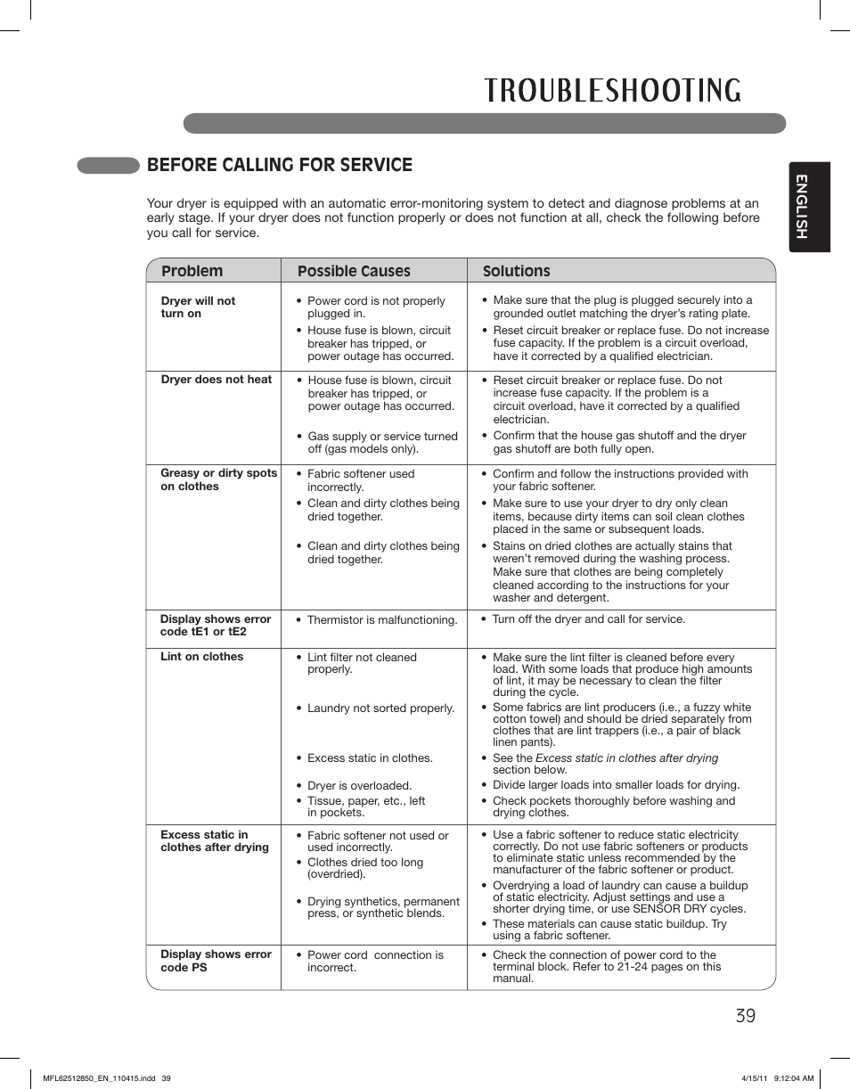 Before calling for service, English | LG DLEX2450R User Manual | Page 39 / 148