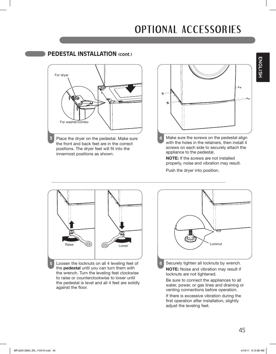 Pedestal installation | LG DLEX2450R User Manual | Page 45 / 148