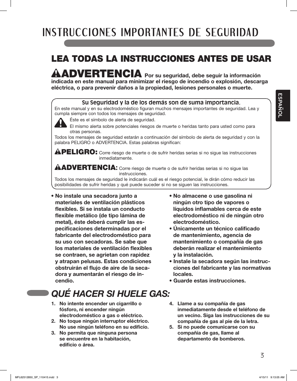 Lea todas la instrucciones antes de usar, Qué hacer si huele gas, Wpeligro | Wadvertencia | LG DLEX2450R User Manual | Page 53 / 148