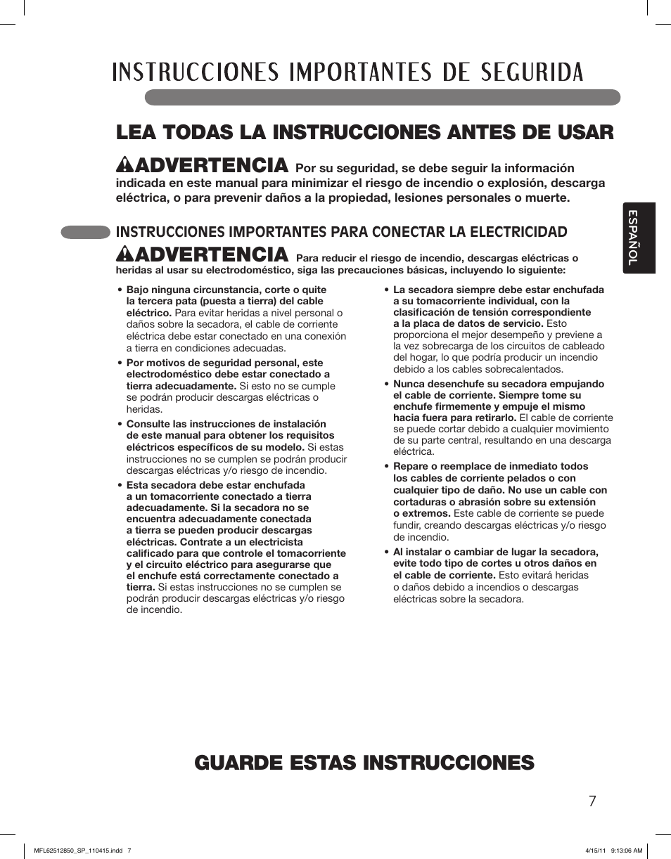 Guarde estas instrucciones, Wadvertencia, Lea todas la instrucciones antes de usar | LG DLEX2450R User Manual | Page 57 / 148