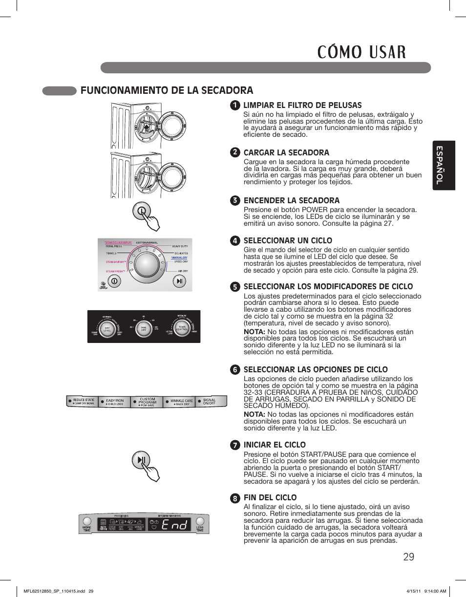 Funcionamiento de la secadora | LG DLEX2450R User Manual | Page 79 / 148
