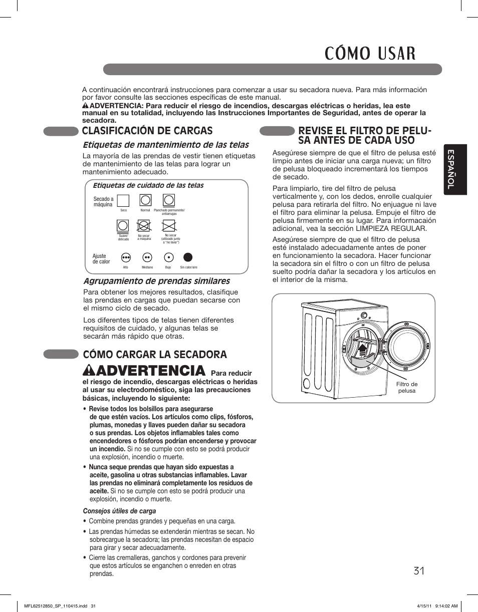 W advertencia, Clasificación de cargas, Cómo cargar la secadora | Revise el filtro de pelu- sa antes de cada uso, Esp anol | LG DLEX2450R User Manual | Page 81 / 148