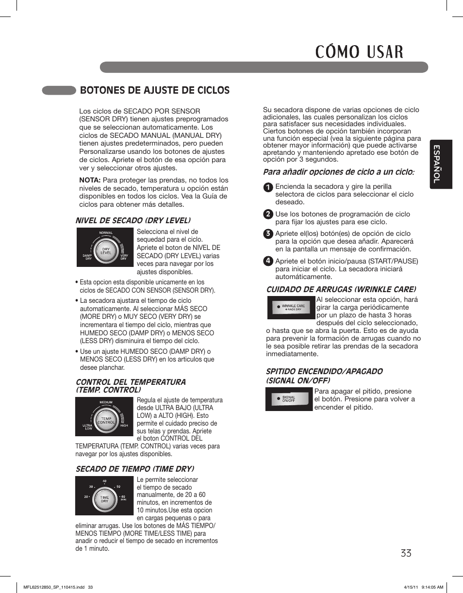 Botones de ajuste de ciclos | LG DLEX2450R User Manual | Page 83 / 148