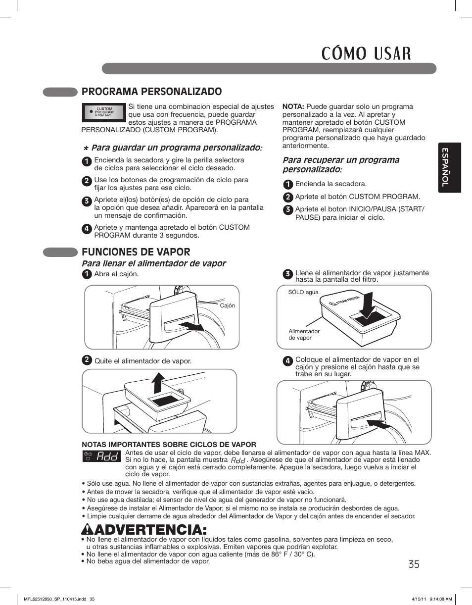 Wadvertencia, Programa personalizado, Funciones de vapor | LG DLEX2450R User Manual | Page 85 / 148