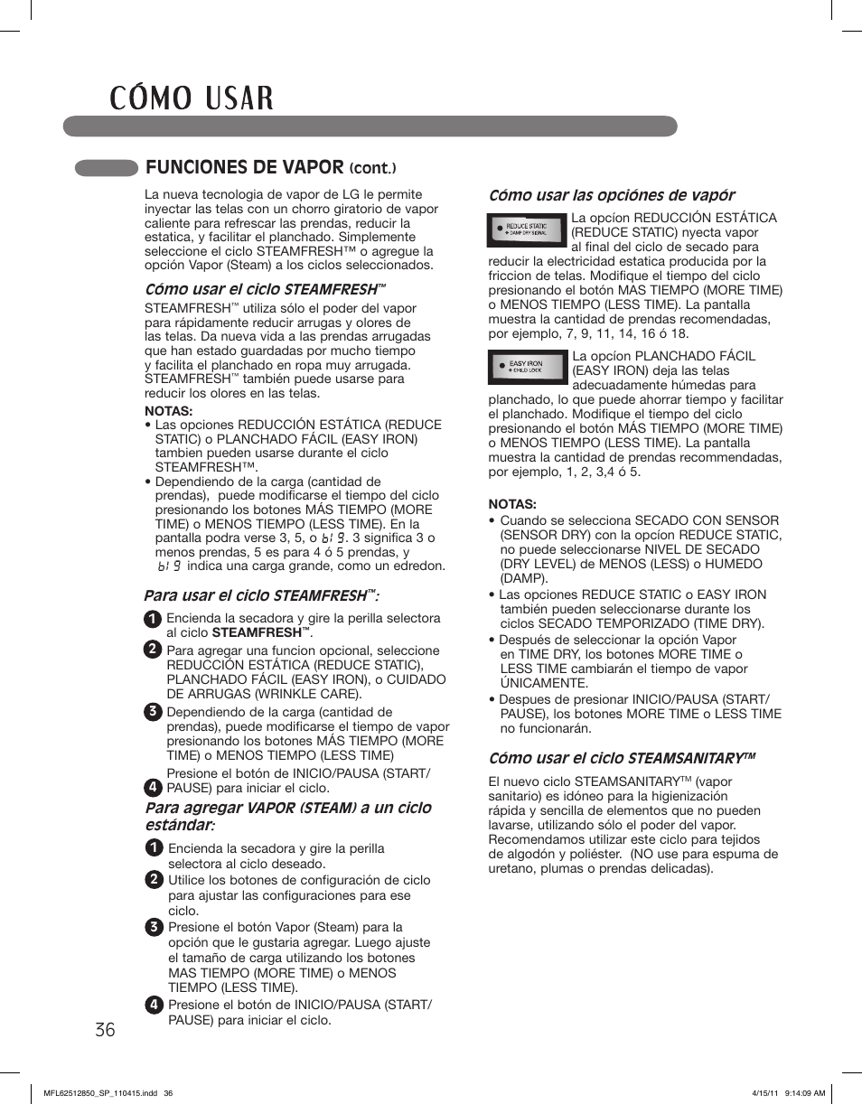 Funciones de vapor | LG DLEX2450R User Manual | Page 86 / 148