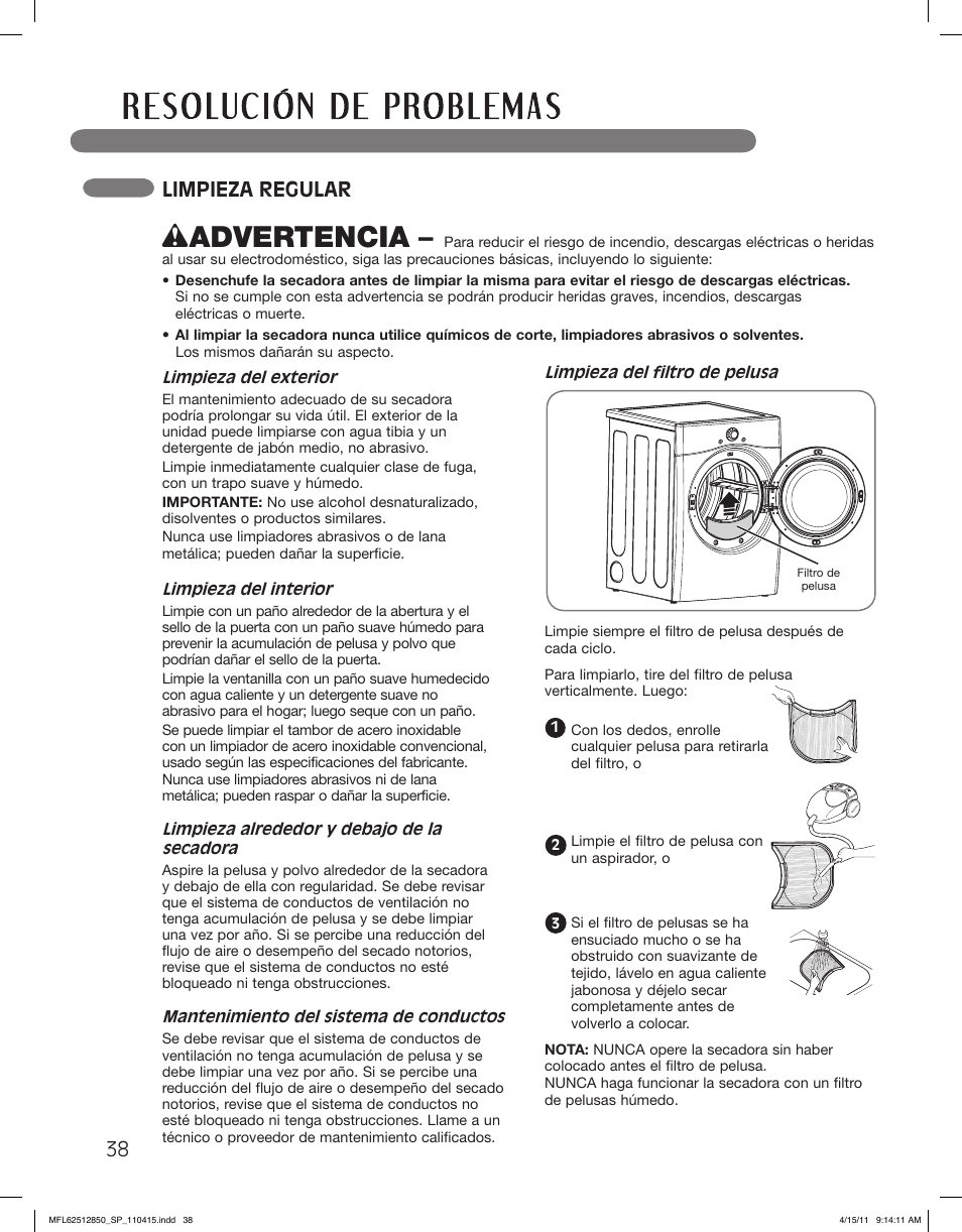 Wadvertencia, Limpieza regular | LG DLEX2450R User Manual | Page 88 / 148