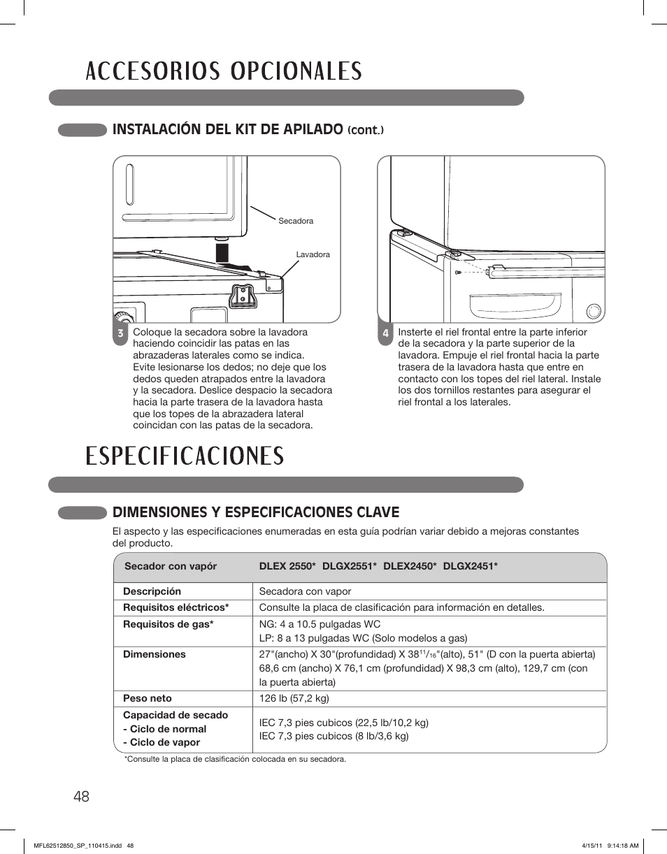 48 instalación del kit de apilado, Dimensiones y especificaciones clave | LG DLEX2450R User Manual | Page 98 / 148