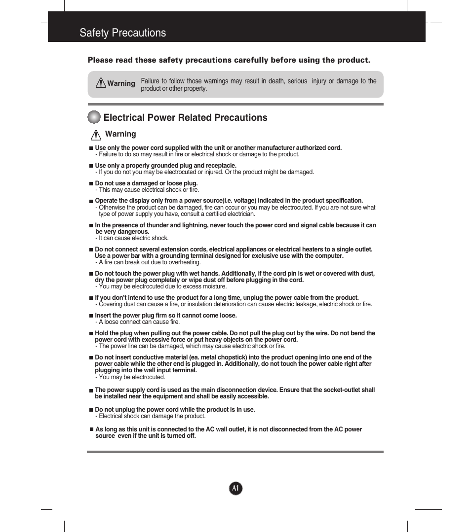 Safety precautions, Electrical power related precautions | LG W2053TX-PF User Manual | Page 2 / 28