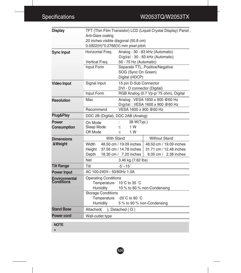 Specifications, W2053tq/w2053tx | LG W2053TX-PF User Manual | Page 25 / 28